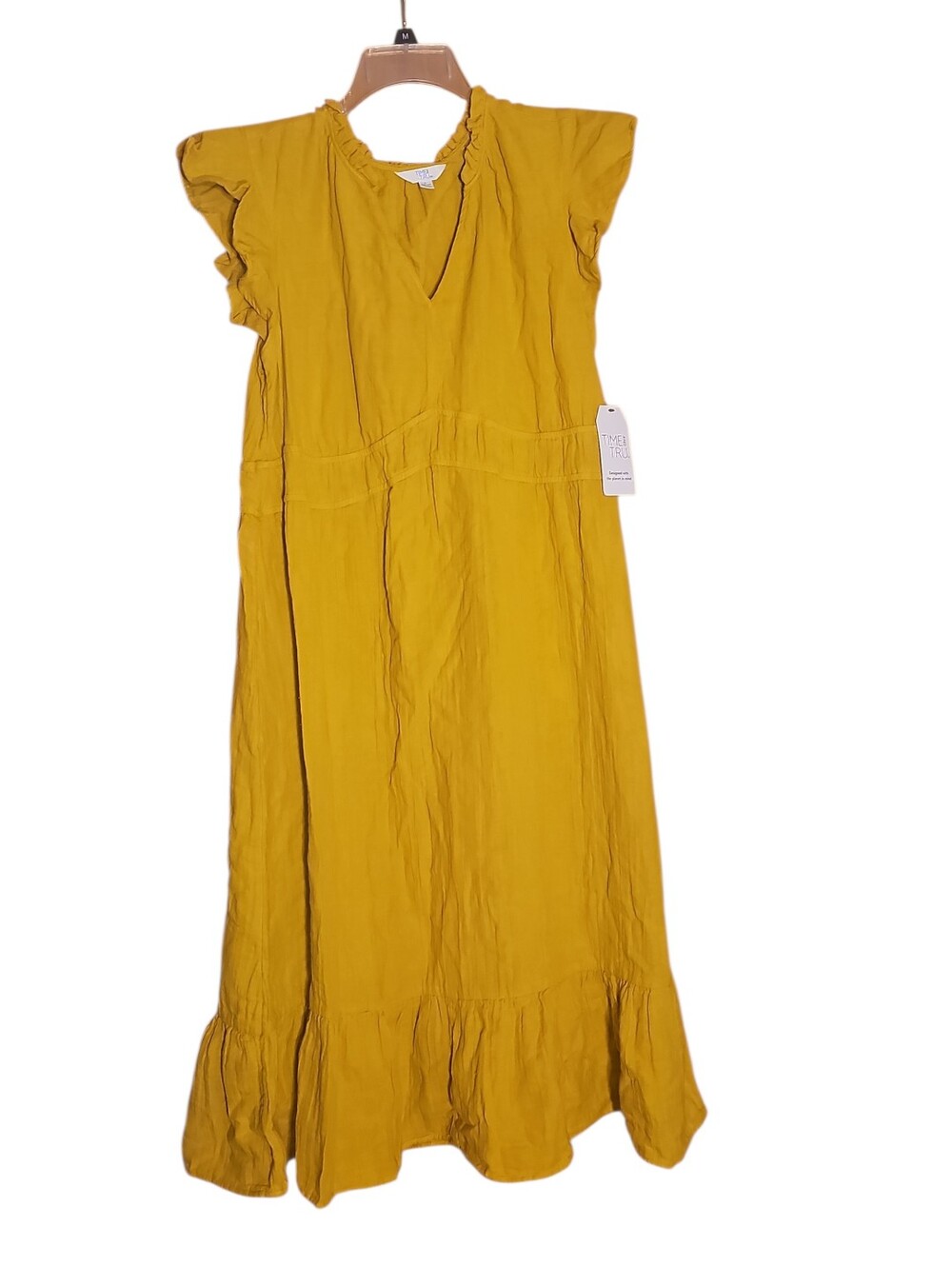 Time and Tru Yellow Maxi Dress Women’s Large Flutter Sleeve Ruffle Hem